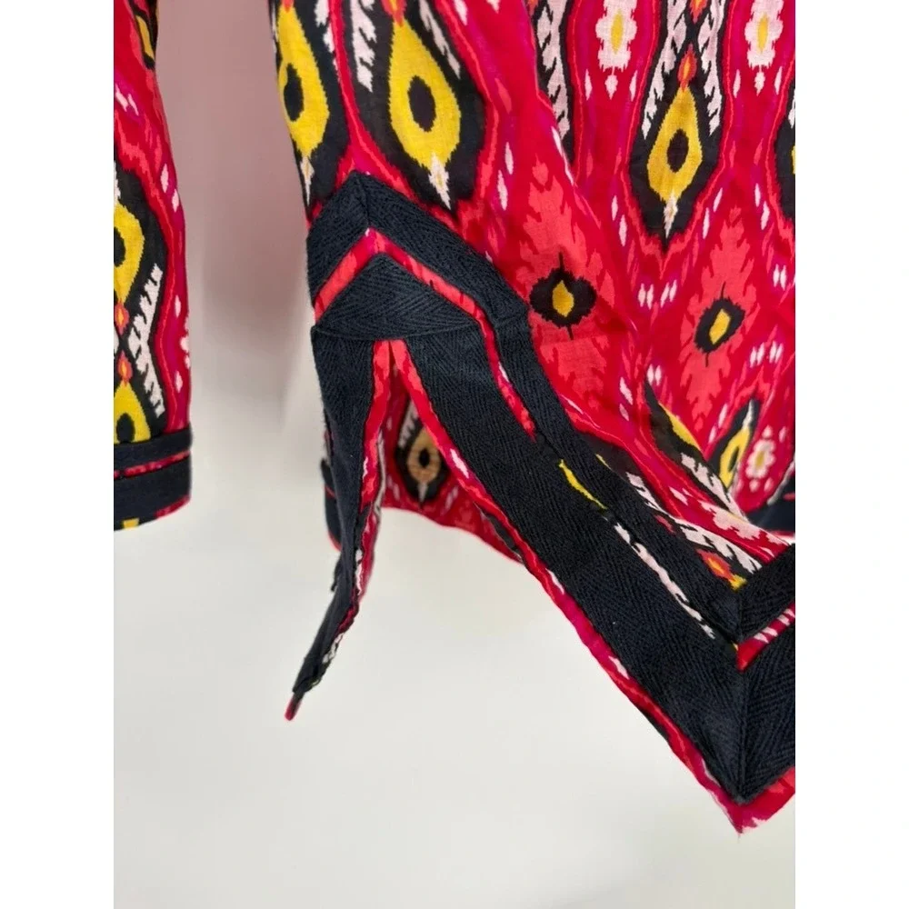 Tory Burch Tunic Women 6 Red Ikat Print V-Neck Long‎ Sleeve Side Slits Cotton